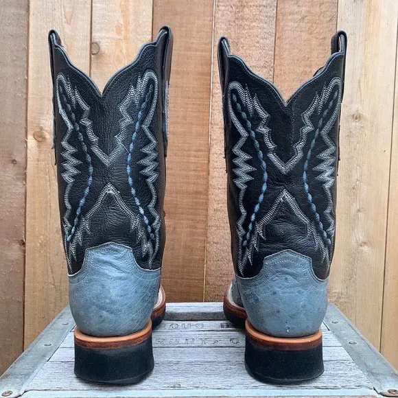 LUCCHESE Ostrich Exotic Crepe Sole Roper Blue Black Cowgirl Cowboy Western Boots