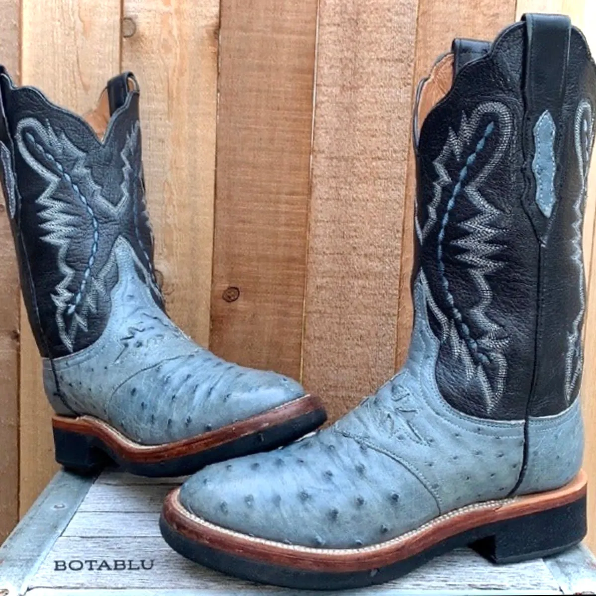 LUCCHESE Ostrich Exotic Crepe Sole Roper Blue Black Cowgirl Cowboy Western Boots