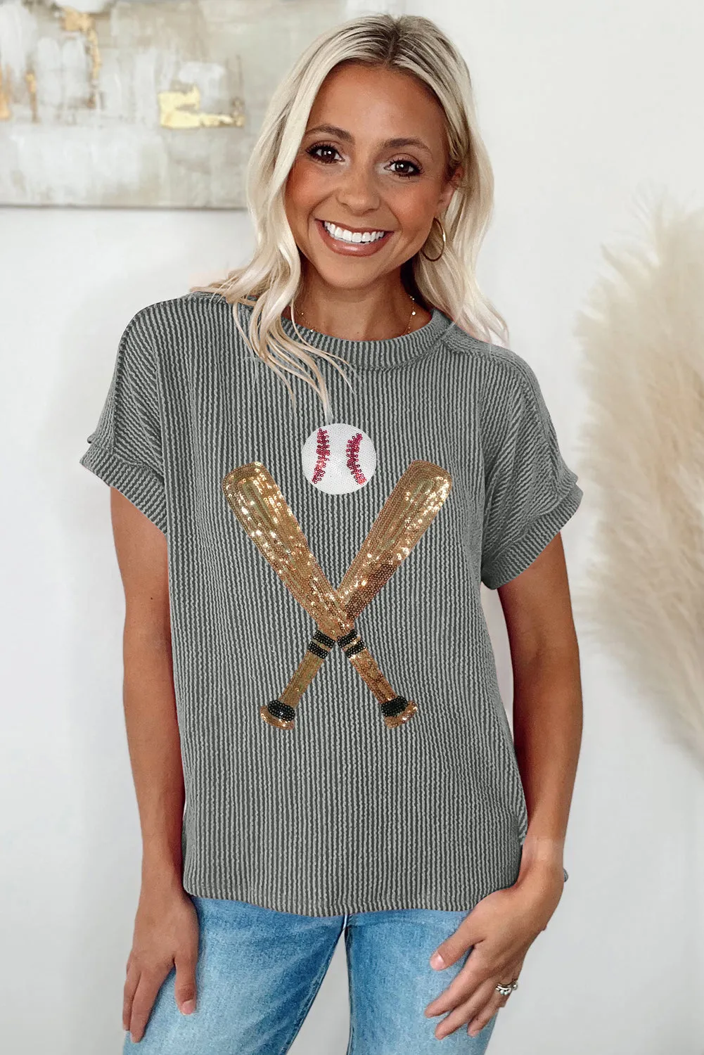 Medium Grey Sequin Baseball Pattern Ribbed Knit Crewneck T Shirt
