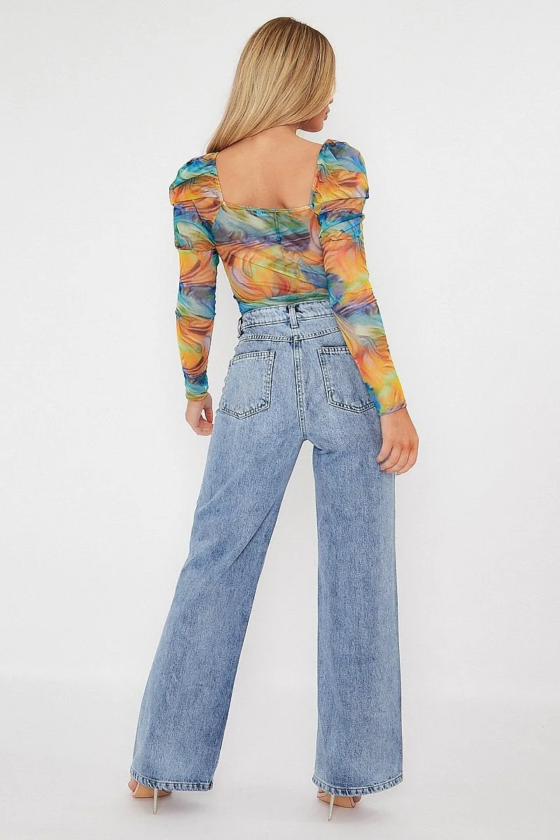 Multi Rainbow Puff Sleeve Bodysuit - Deana