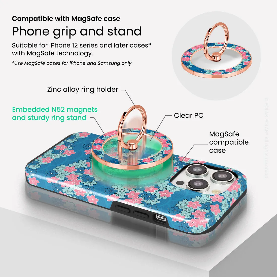 Navy Sakura Wave - Rose Gold MagSafe Phone Grip and Ring Holder Stand