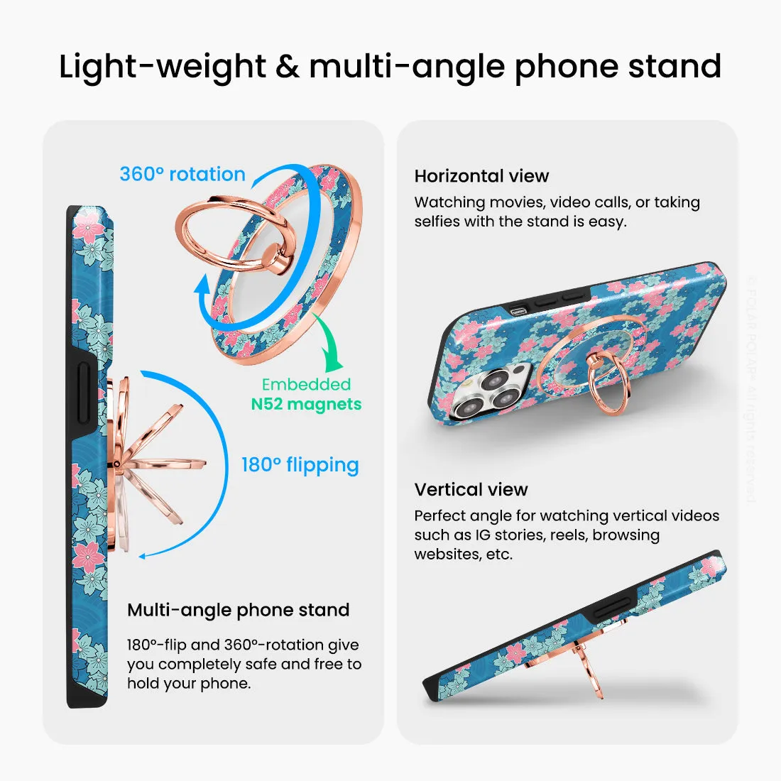 Navy Sakura Wave - Rose Gold MagSafe Phone Grip and Ring Holder Stand