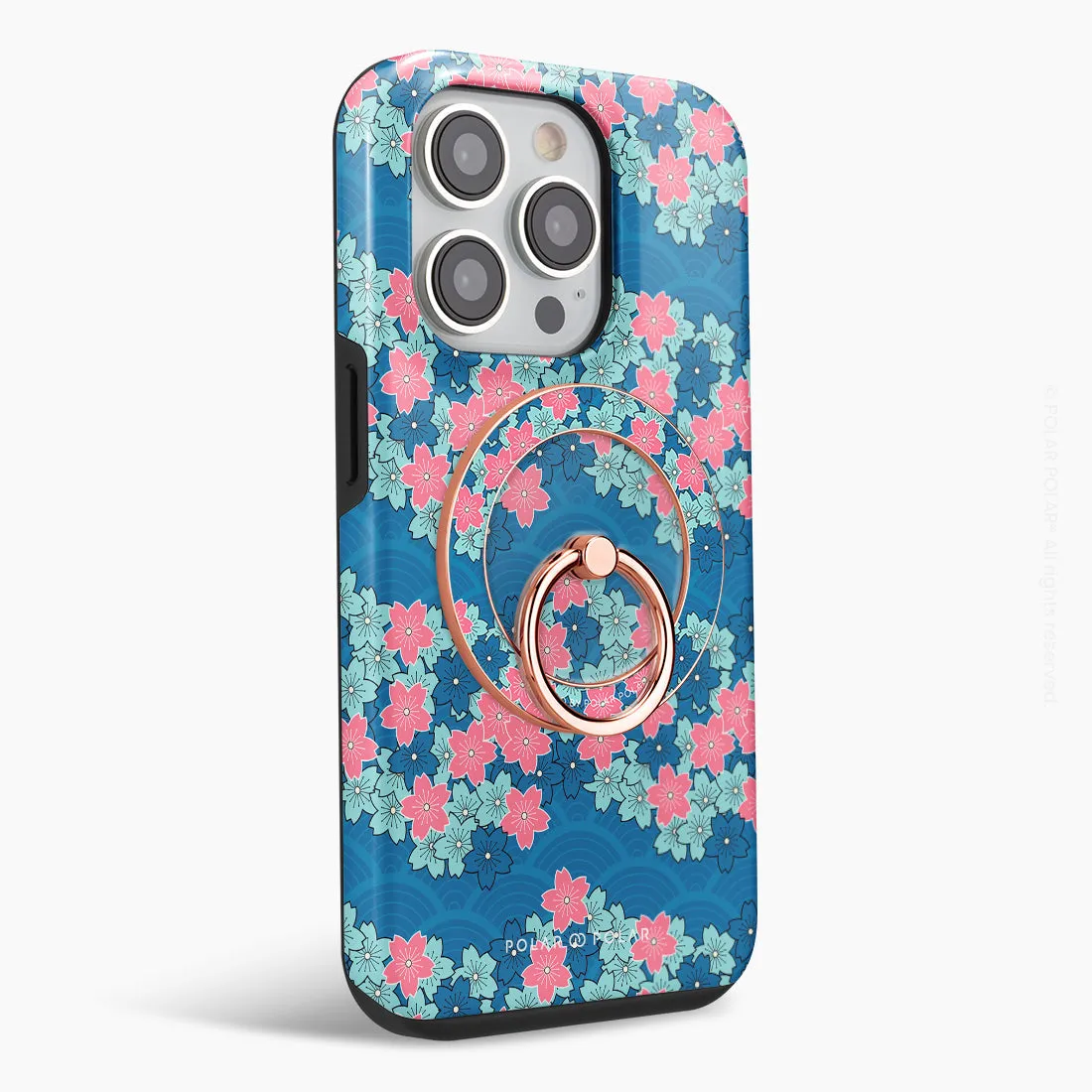 Navy Sakura Wave - Rose Gold MagSafe Phone Grip and Ring Holder Stand