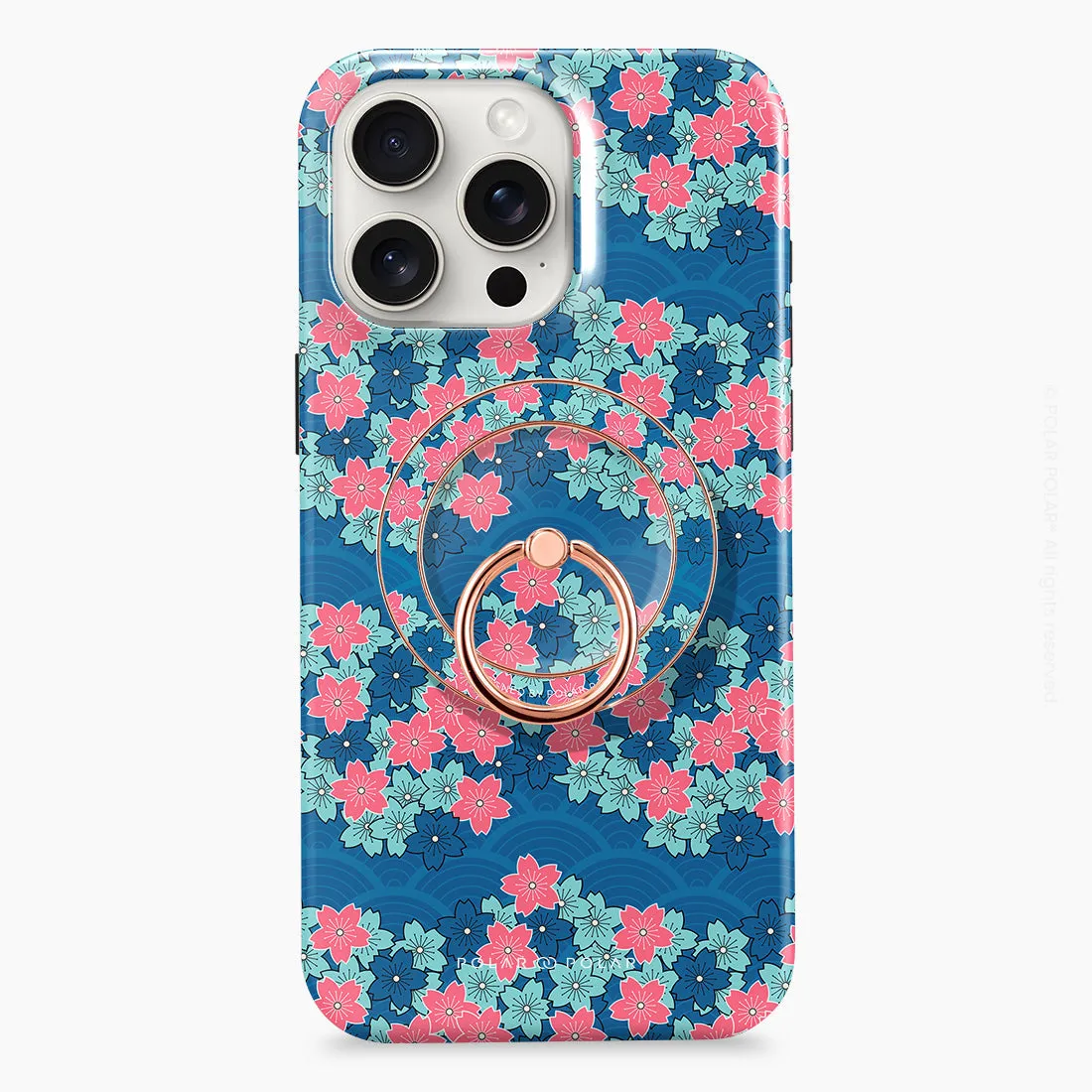 Navy Sakura Wave - Rose Gold MagSafe Phone Grip and Ring Holder Stand