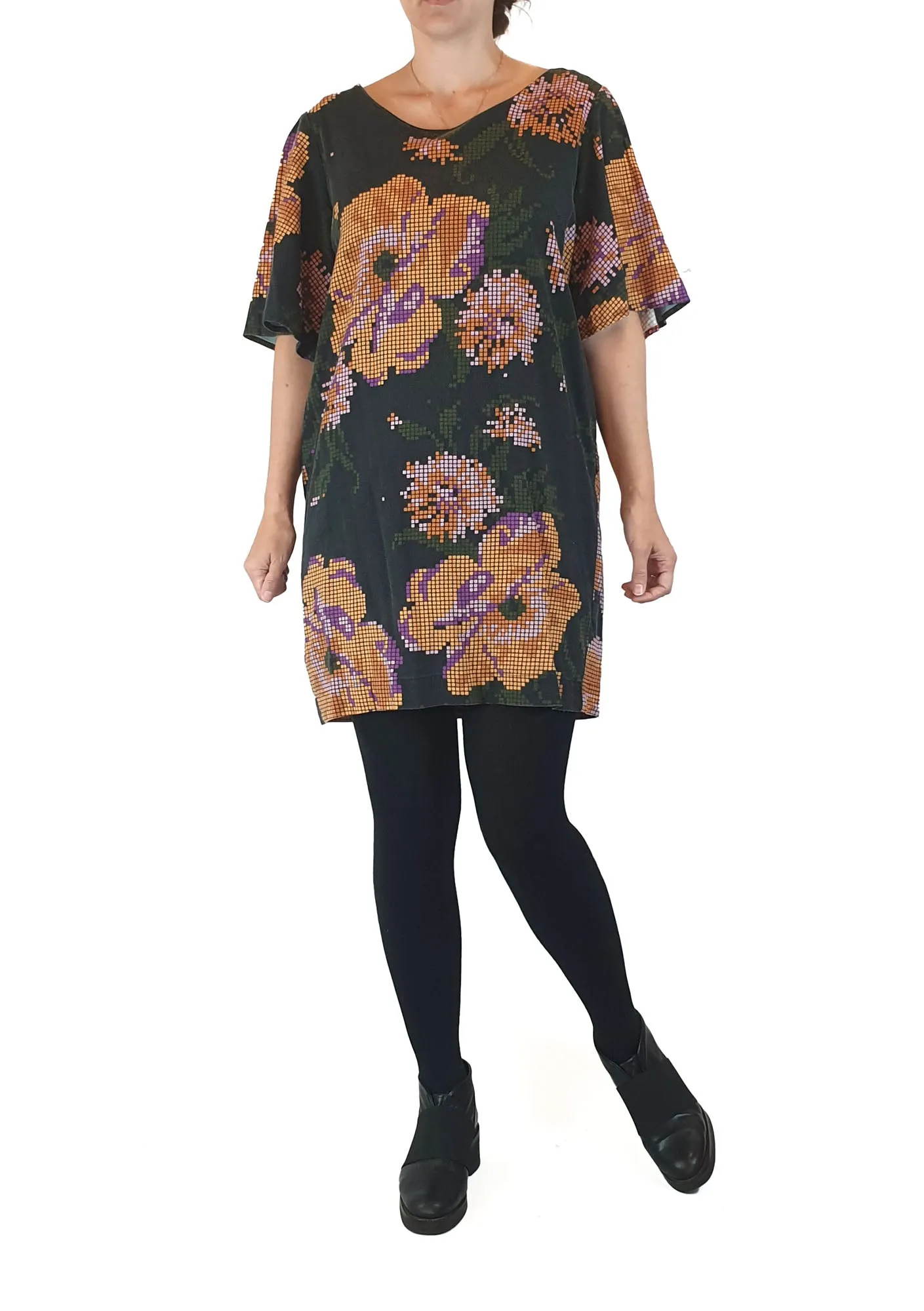 Obus black digital look flower print dress size 1