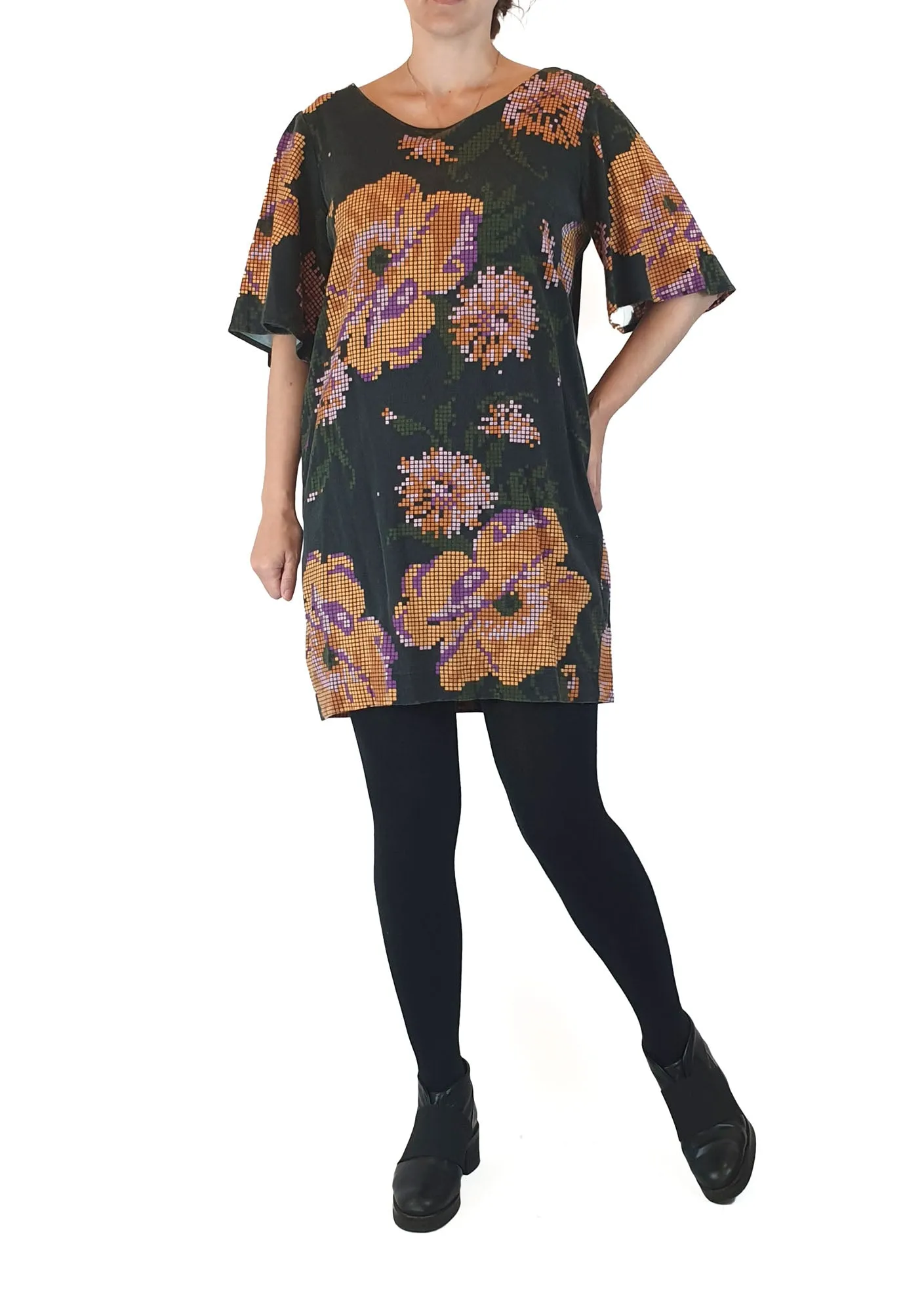 Obus black digital look flower print dress size 1