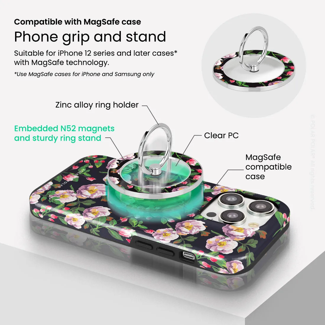 Purple Camellias - Silver MagSafe Phone Grip and Ring Holder Stand