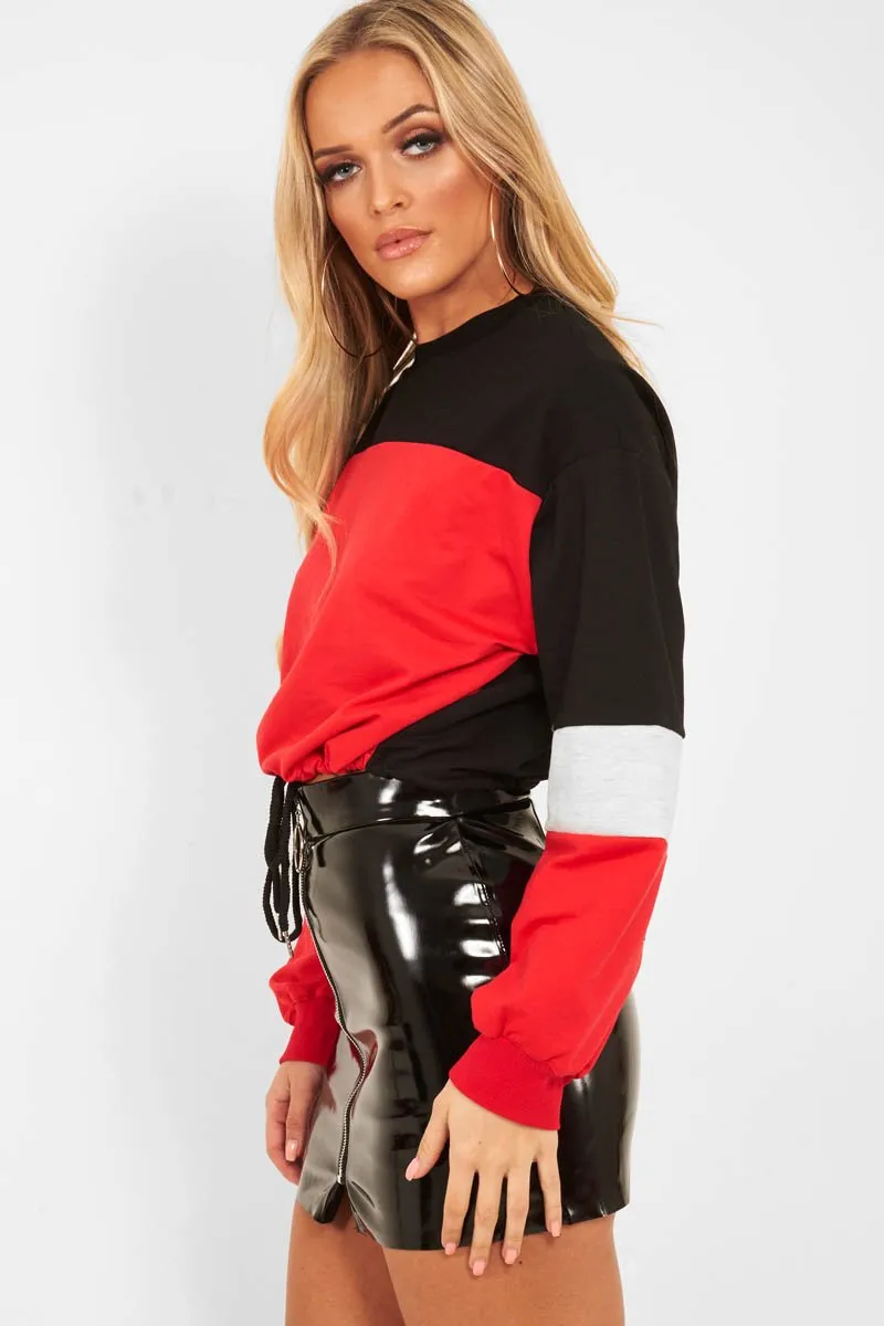 Red Black And Grey Elasticated Cropped Jumper - Dani