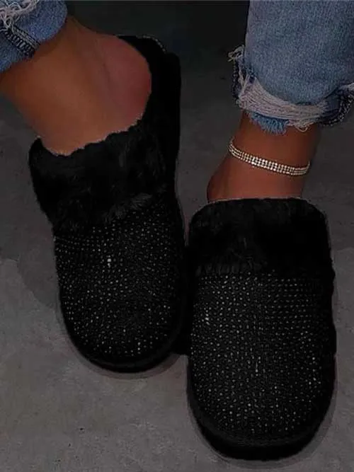 Rhinestones Warm Furry Slippers