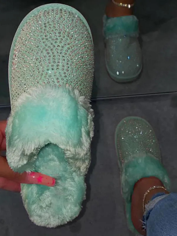 Rhinestones Warm Furry Slippers