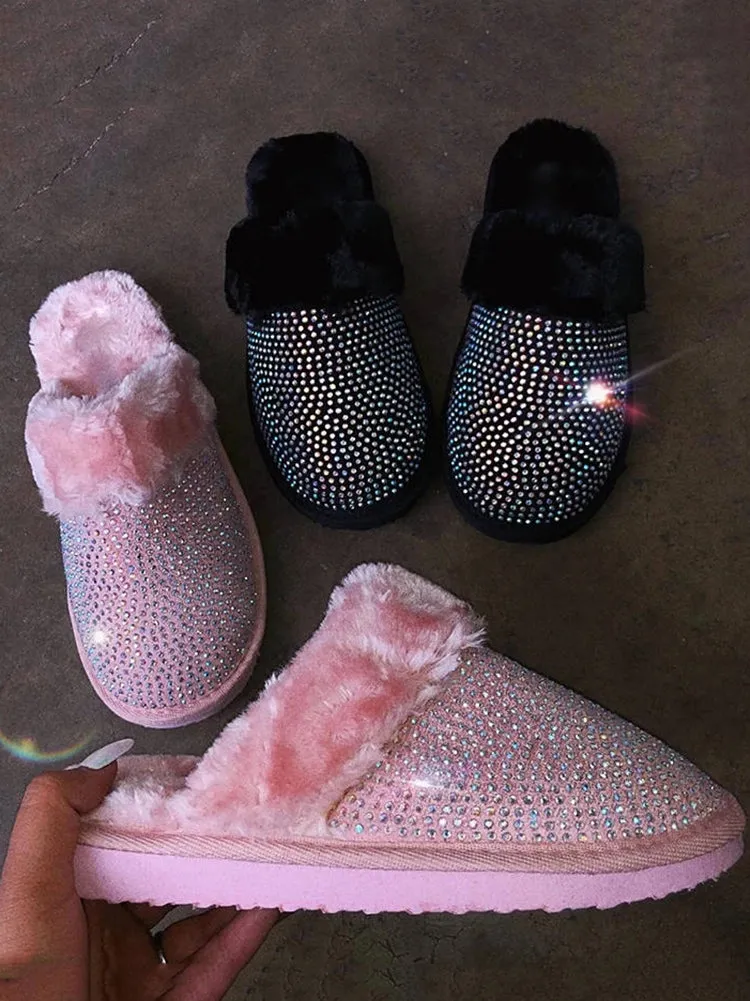 Rhinestones Warm Furry Slippers