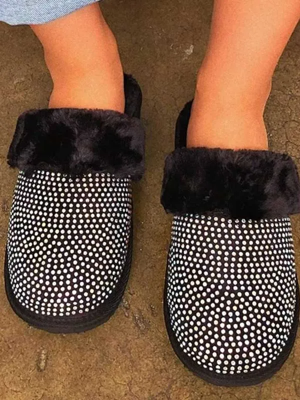 Rhinestones Warm Furry Slippers