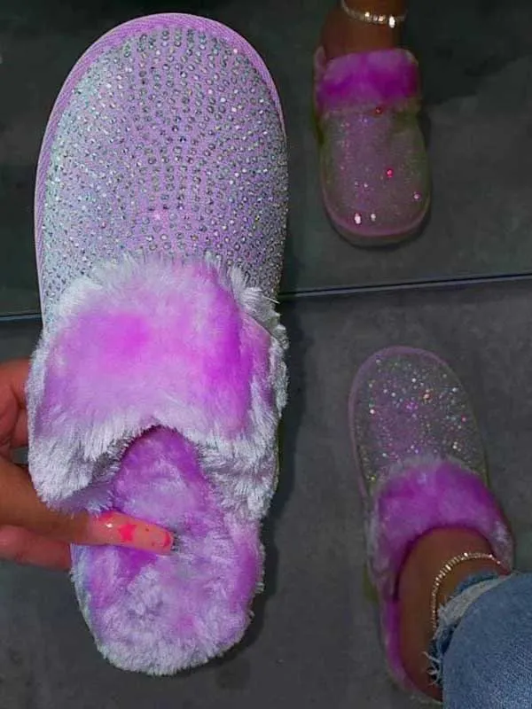 Rhinestones Warm Furry Slippers