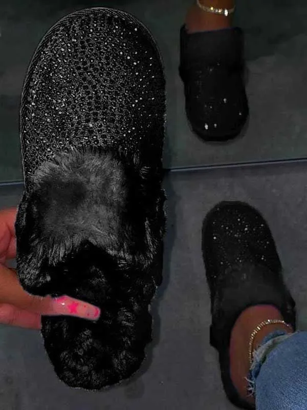 Rhinestones Warm Furry Slippers