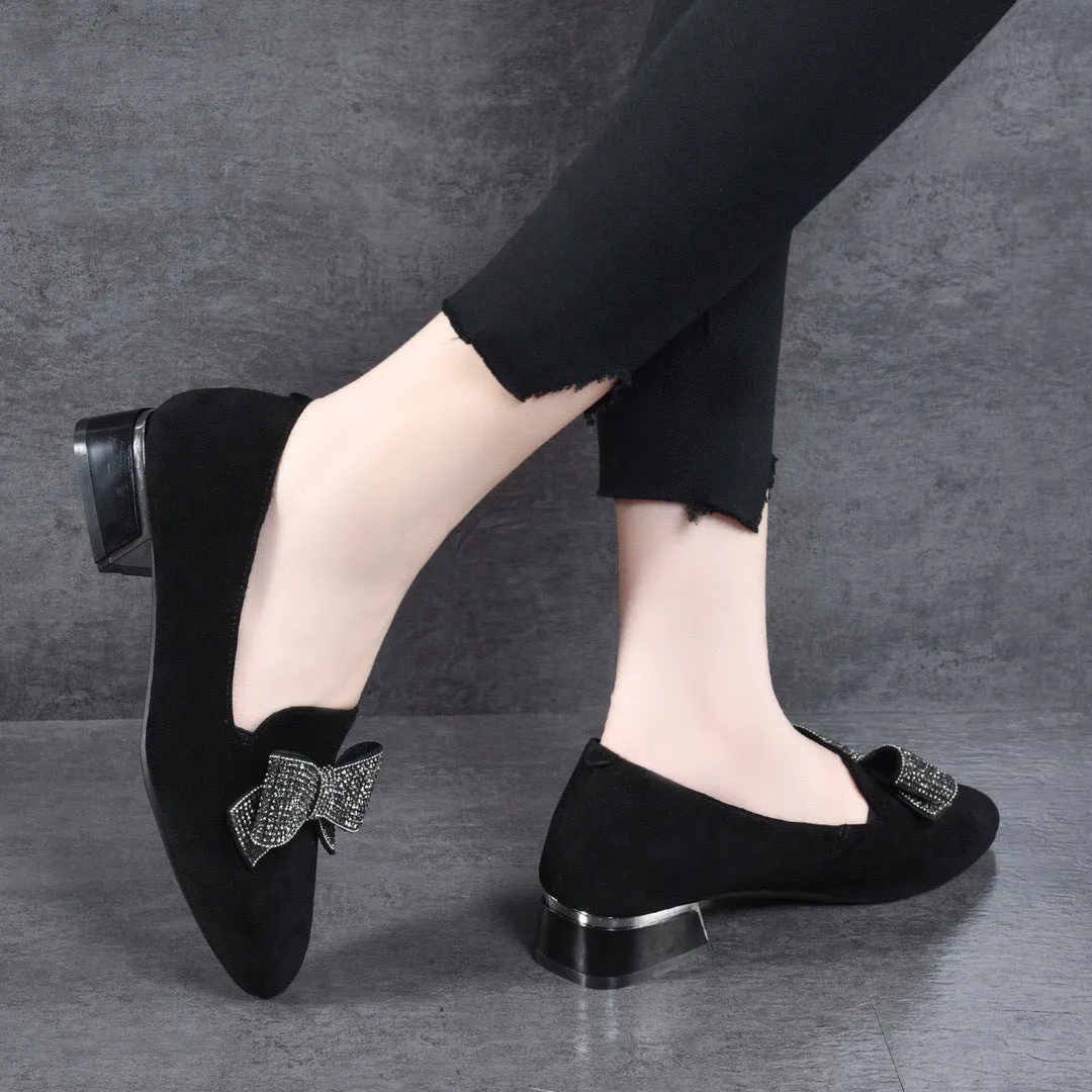 Round Toe Rhinestone Bow Leather Flats