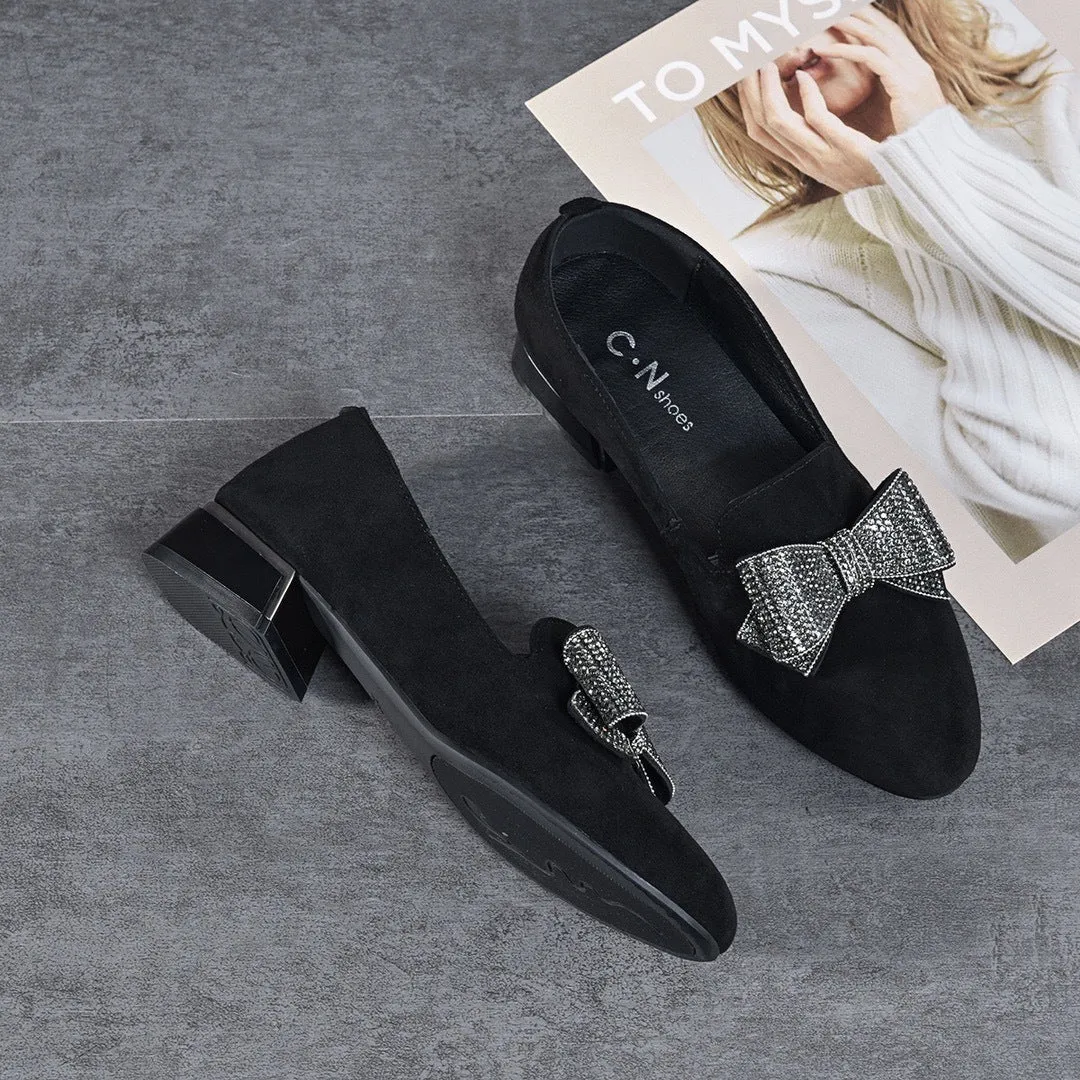 Round Toe Rhinestone Bow Leather Flats