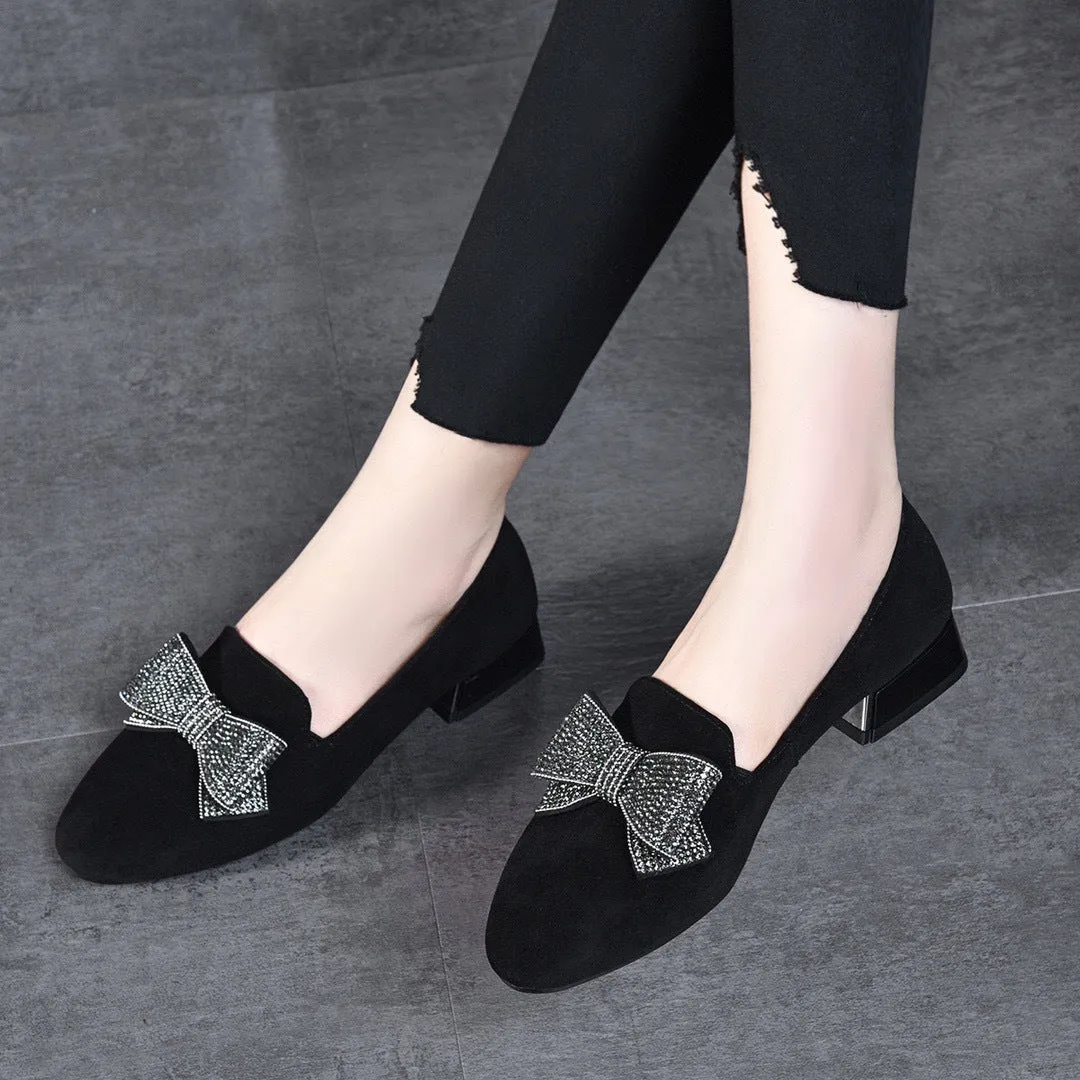Round Toe Rhinestone Bow Leather Flats