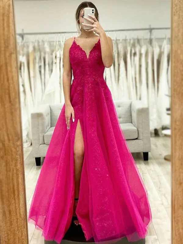 Spaghetti Straps V-neck Sparkly Side-slit A-line Long Lace Top Prom Dress, PD3346