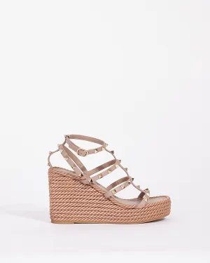 Valentino Beige Calfskin Leather Rockstud Wedge Sandal 95 mm - 38