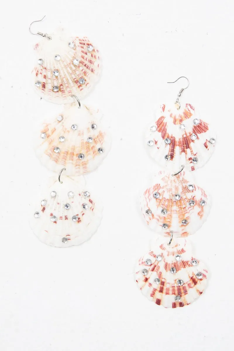White Pink Diamante 3 Drop Shell Earrings -Amey