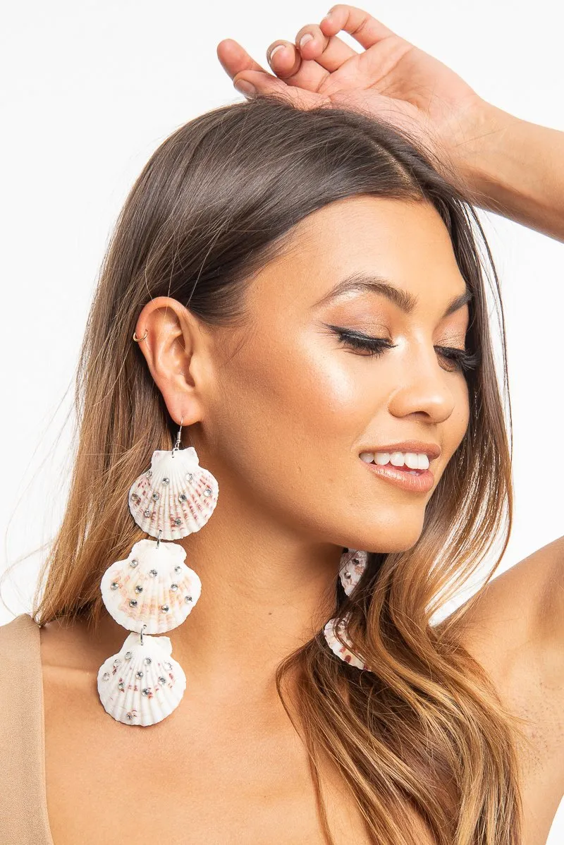 White Pink Diamante 3 Drop Shell Earrings -Amey