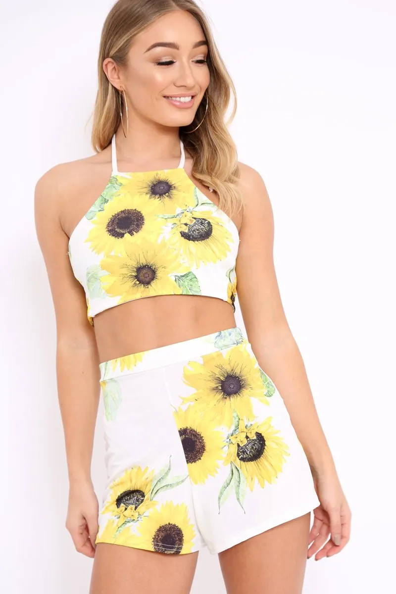 White Sunflower Print Halterneck Top and Shorts Co-ord - Abbygail