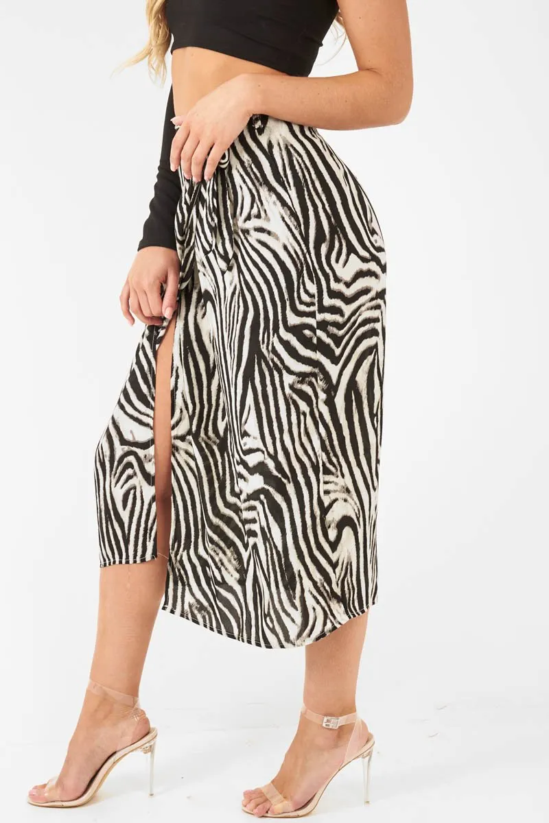 Zebra Wrap Tie Side Satin Midi Skirt - Mailah